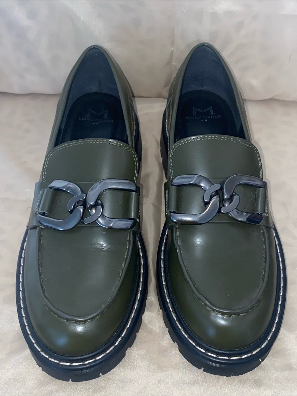 Marc Fisher Olive Green Leather Chain-Link Loafers